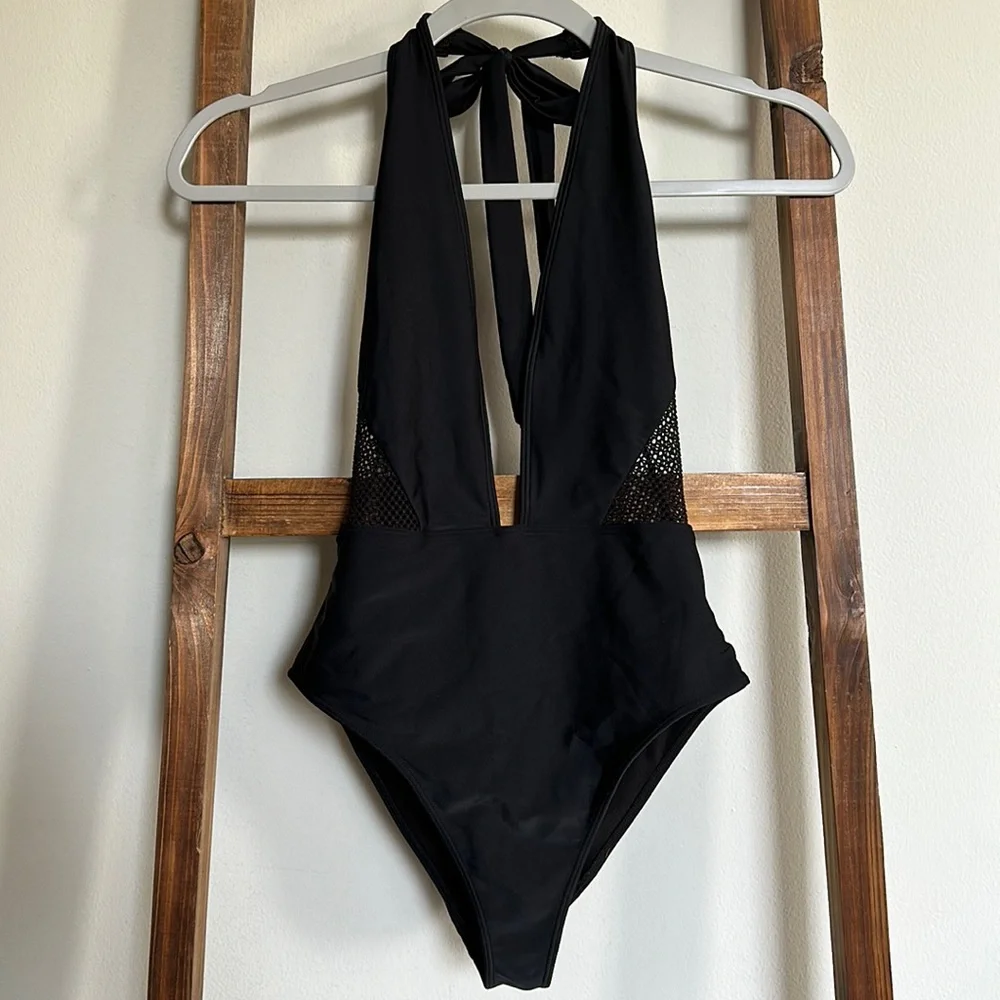 Forever 21 Plunging Mesh Halter One Piece Swimsuit